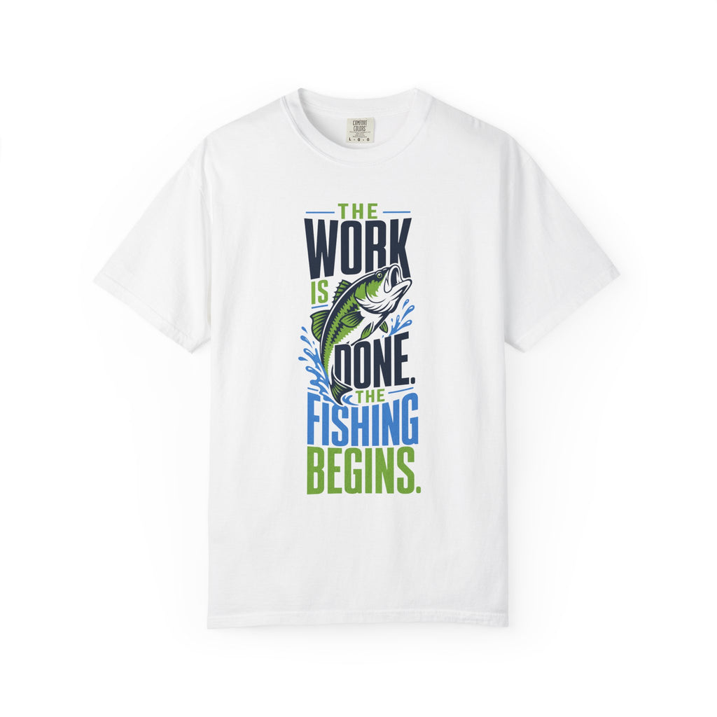The Work Is Done The Fishing Begins Shirt – Funny Retirement Fishing T-Shirt, Retired Angler Gift, Unisex Fishing Shirt