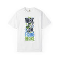 The Work Is Done The Fishing Begins Shirt – Funny Retirement Fishing T-Shirt, Retired Angler Gift, Unisex Fishing Shirt