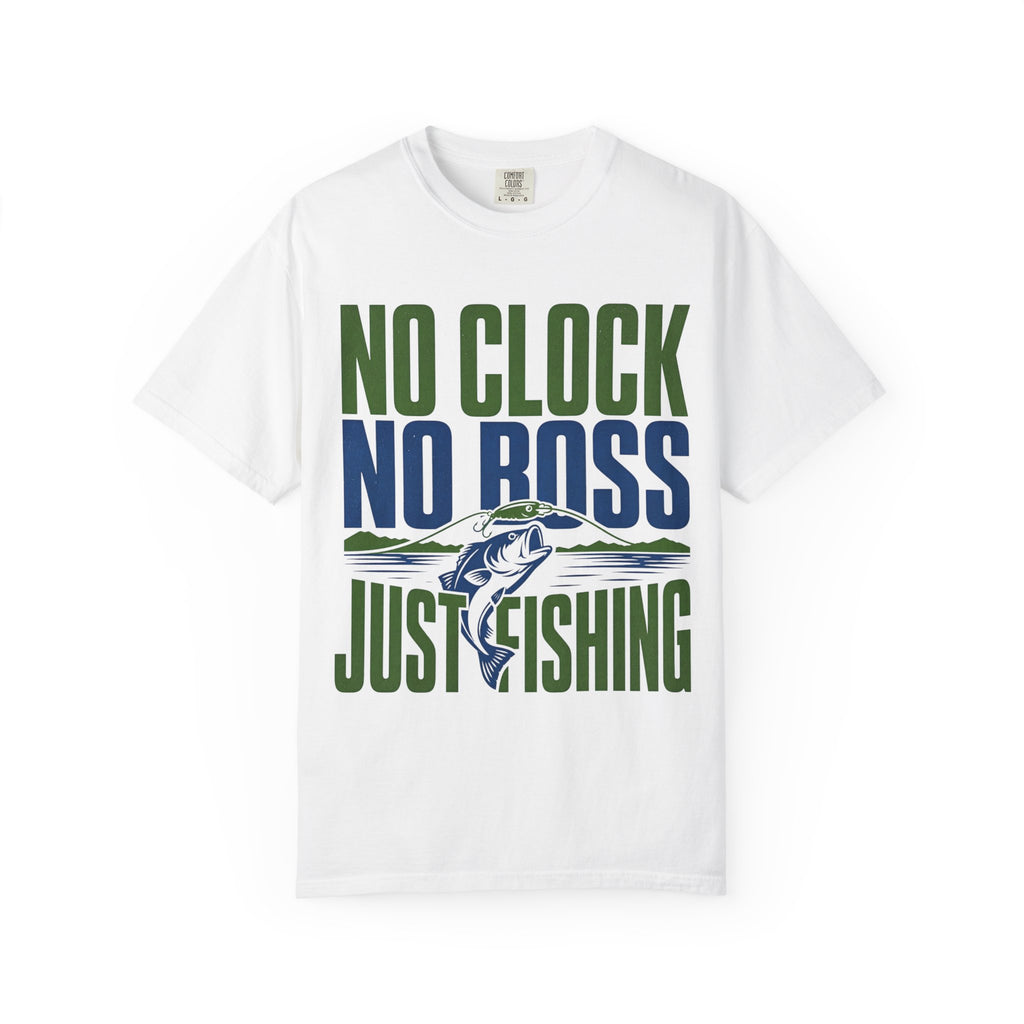 No Clock No Boss Just Fishing T-Shirt | Funny Fishing Shirt | Bass Fishing Gift | Angler Lake Life Tee | Unisex Fishing T-Shirt