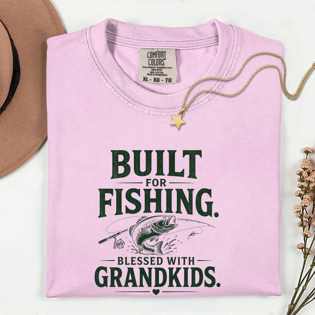 Built for Fishing Blessed with Grandkids T-Shirt | Grandpa Fishing Shirt Gift for Fishermen