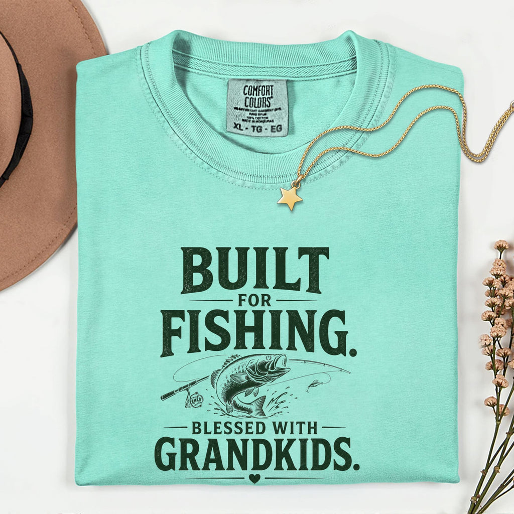 Built for Fishing Blessed with Grandkids T-Shirt | Grandpa Fishing Shirt Gift for Fishermen