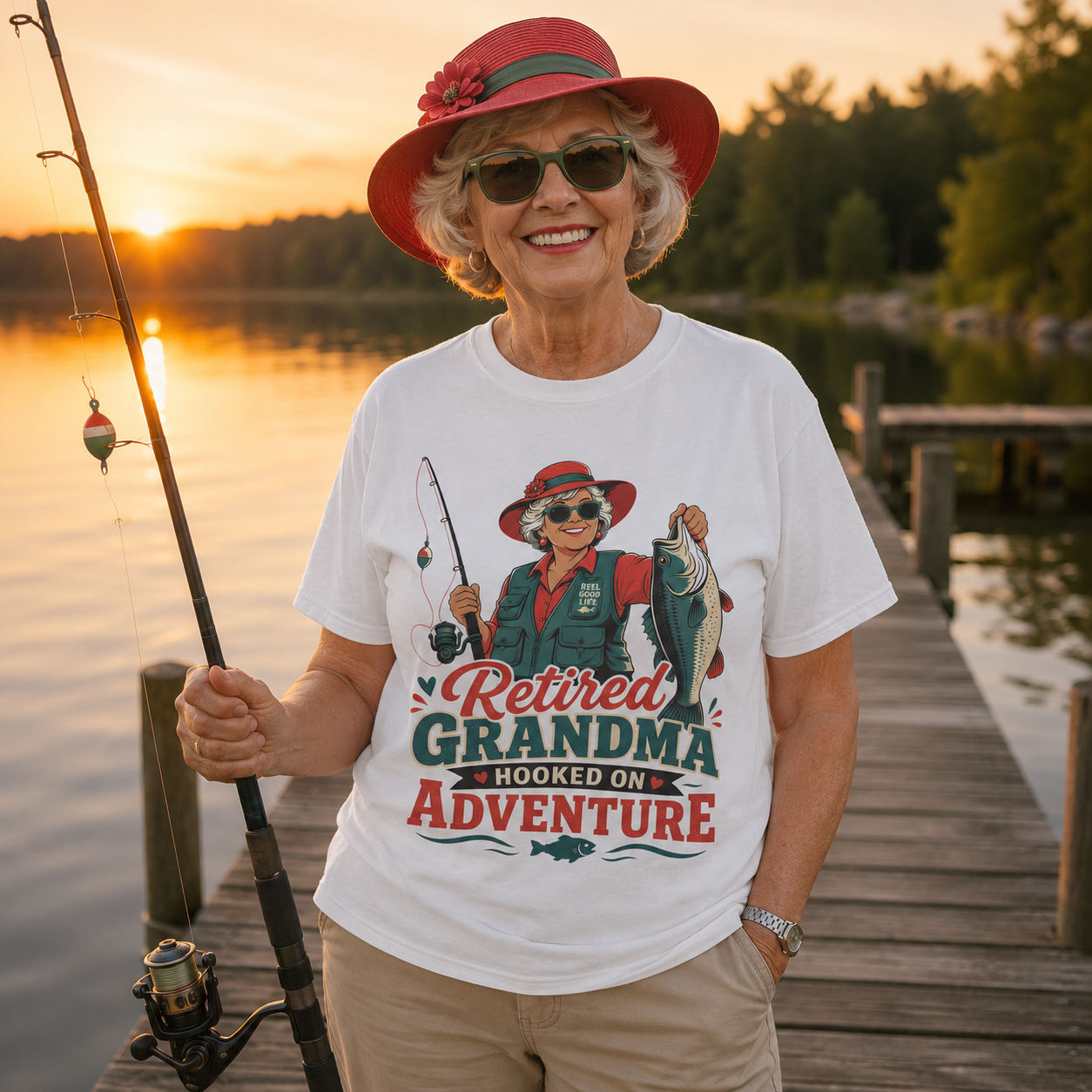 Retired Grandma Hooked on Adventure Fishing Shirt | Funny Fishing Grandma T-Shirt | Retirement Gift for Grandma