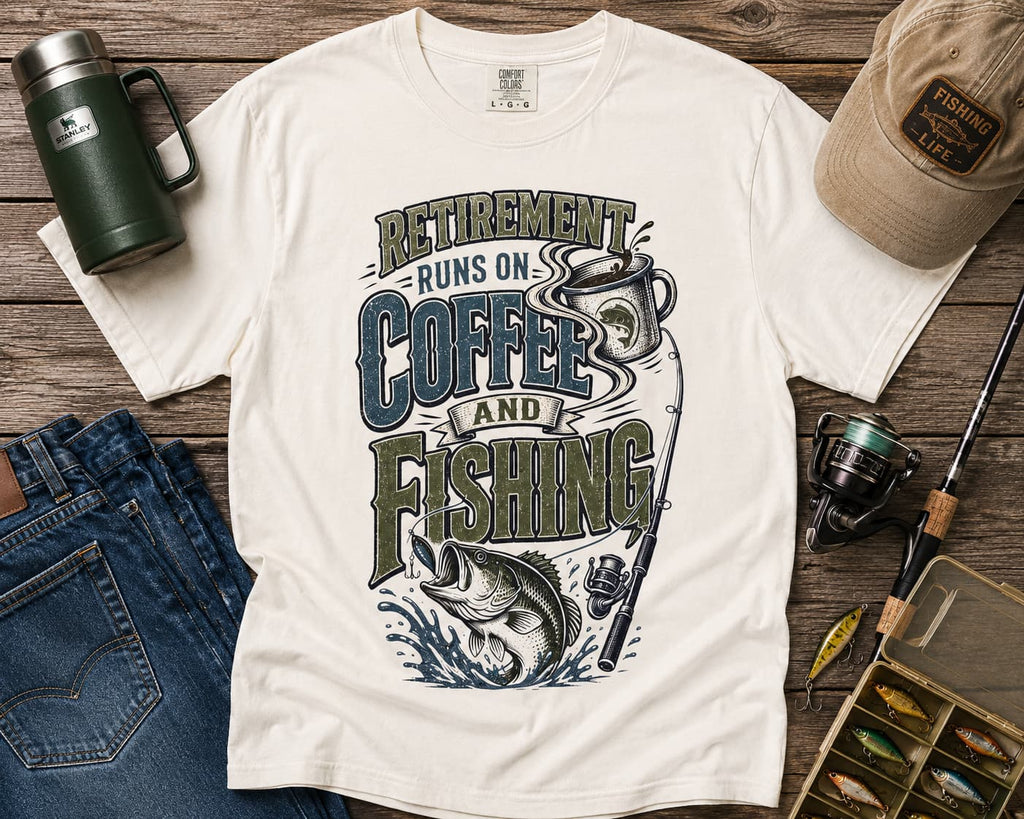 Retirement Runs on Coffee and Fishing Shirt | Funny Retired Fisherman T-Shirt | Retirement Gift for Anglers