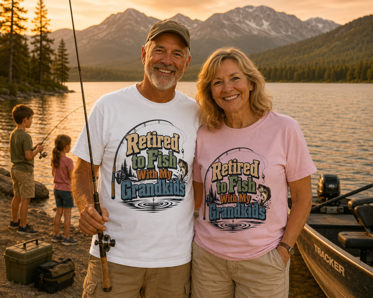 Retired to Fish with My Grandkids Fishing Shirt | Grandparent Fishing T-Shirt | Grandpa Grandma Fishing Gift