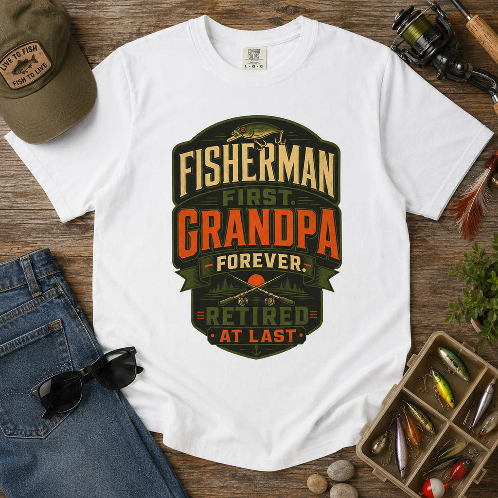 Fisherman First Grandpa Forever Retired At Last Fishing Grandpa T-Shirt