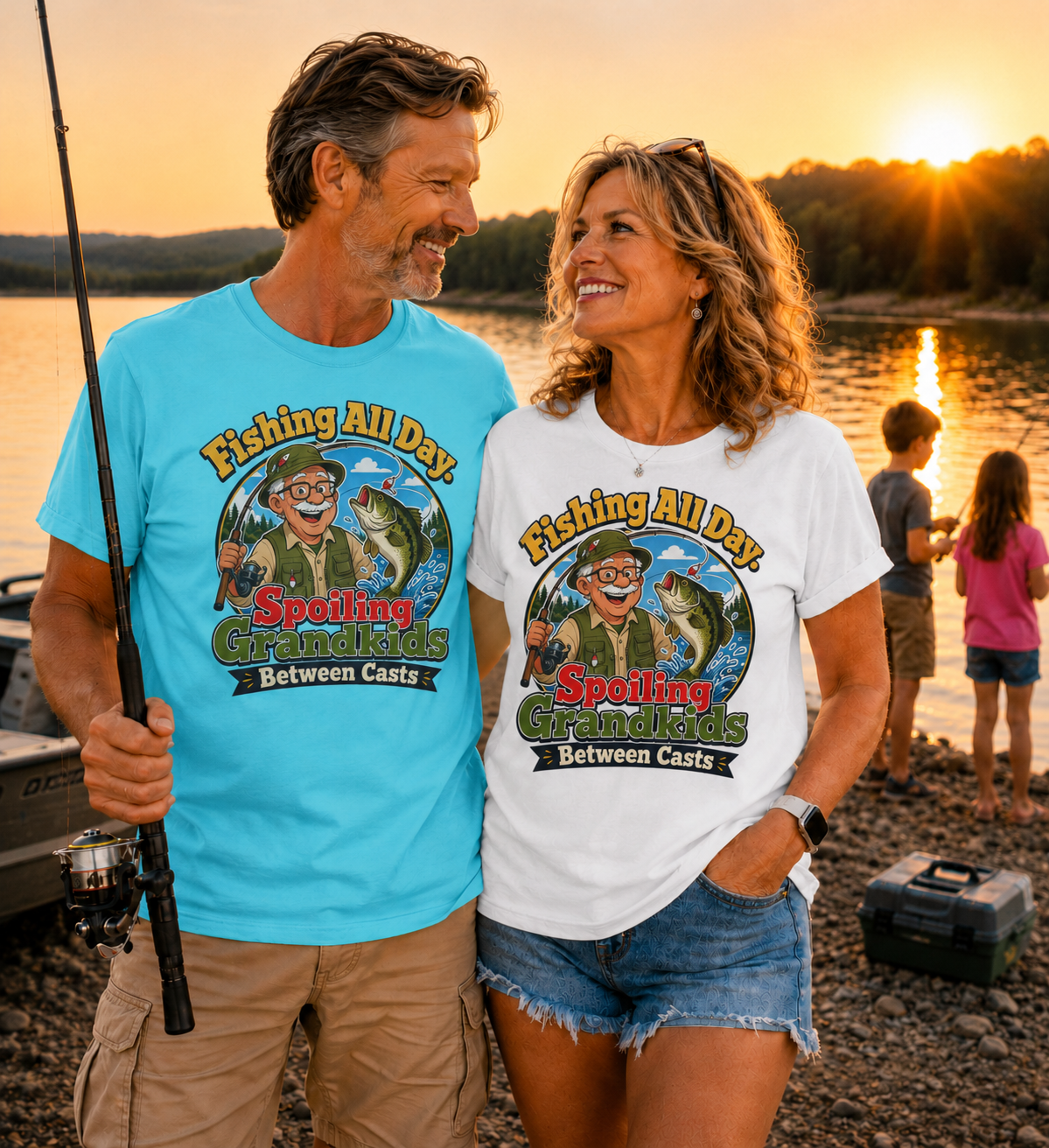 Fishing All Day Spoiling Grandkids Between Casts T-Shirt | Fishing Grandpa & Grandma Gift