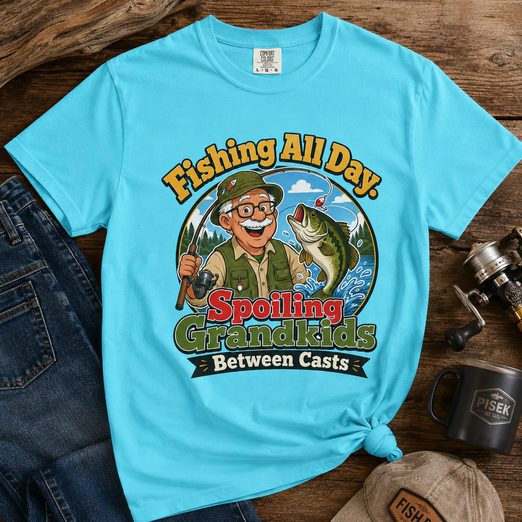 Fishing All Day Spoiling Grandkids Between Casts T-Shirt | Fishing Grandpa & Grandma Gift