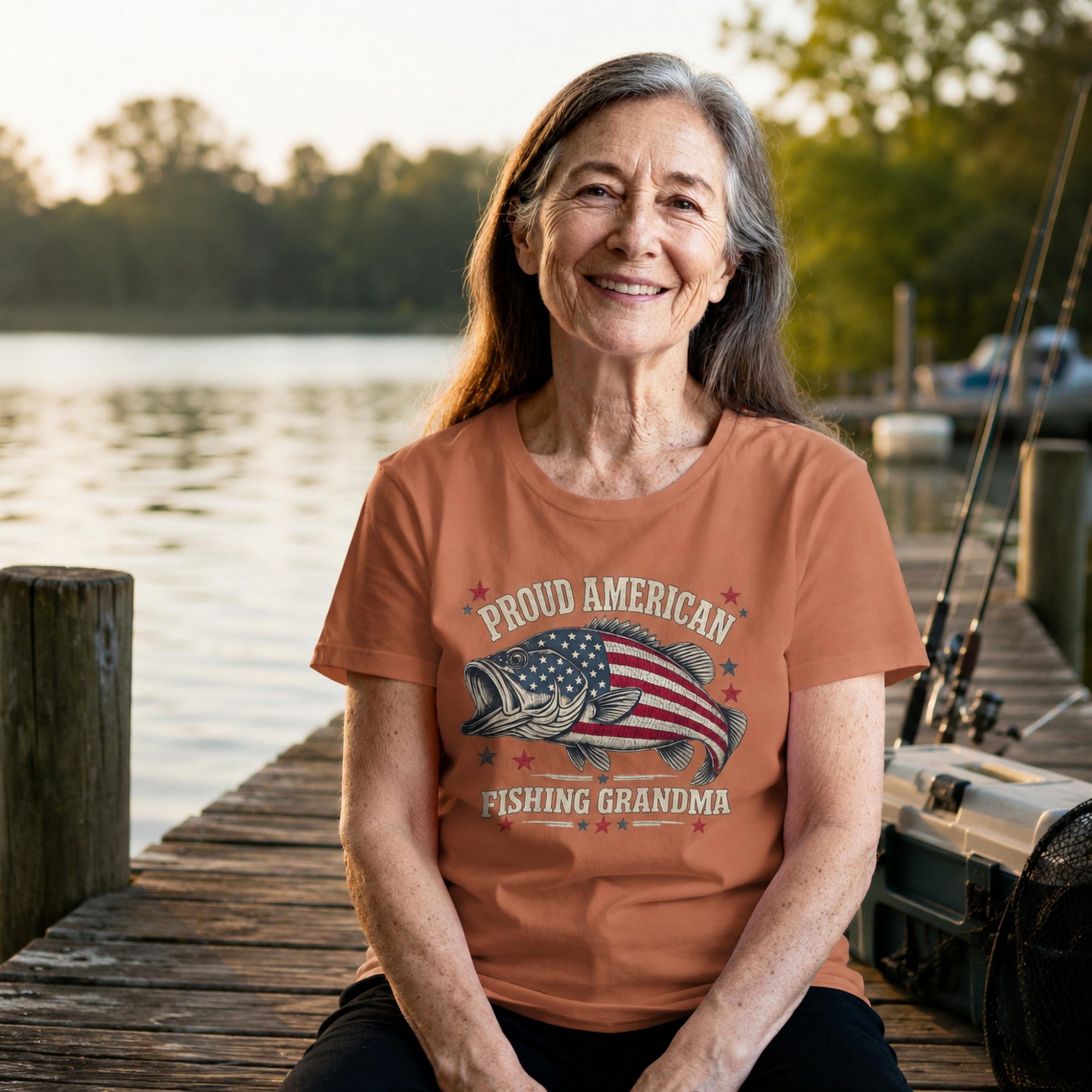 Proud American Fishing Grandma T-Shirt | Patriotic Bass Fishing Shirt for Grandma | USA Flag Fisherwoman Gift