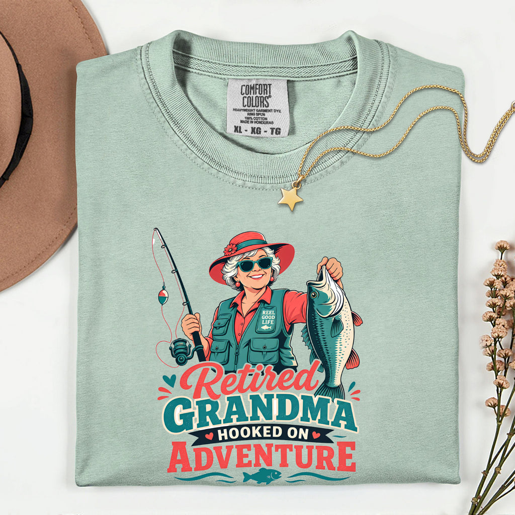 Retired Grandma Hooked on Adventure Fishing Shirt | Funny Fishing Grandma T-Shirt | Retirement Gift for Grandma
