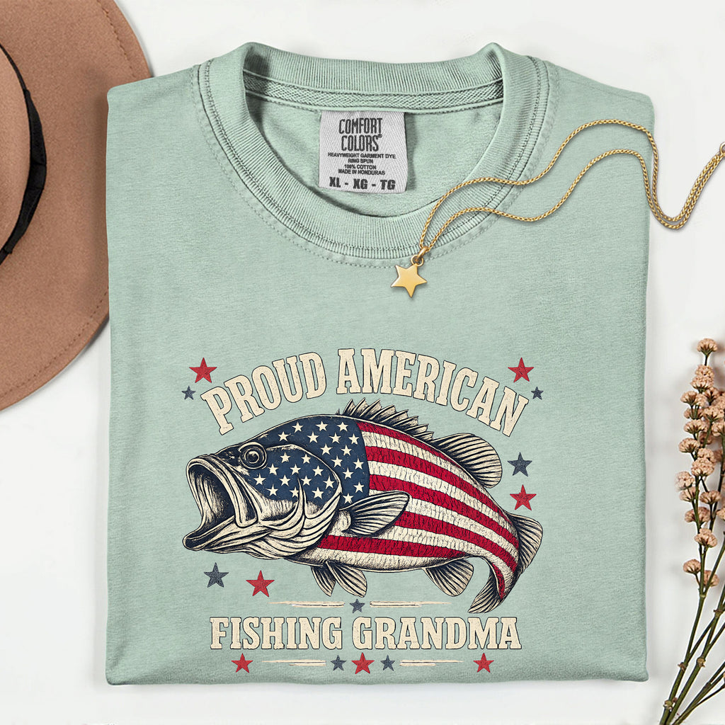 Proud American Fishing Grandma T-Shirt | Patriotic Bass Fishing Shirt for Grandma | USA Flag Fisherwoman Gift