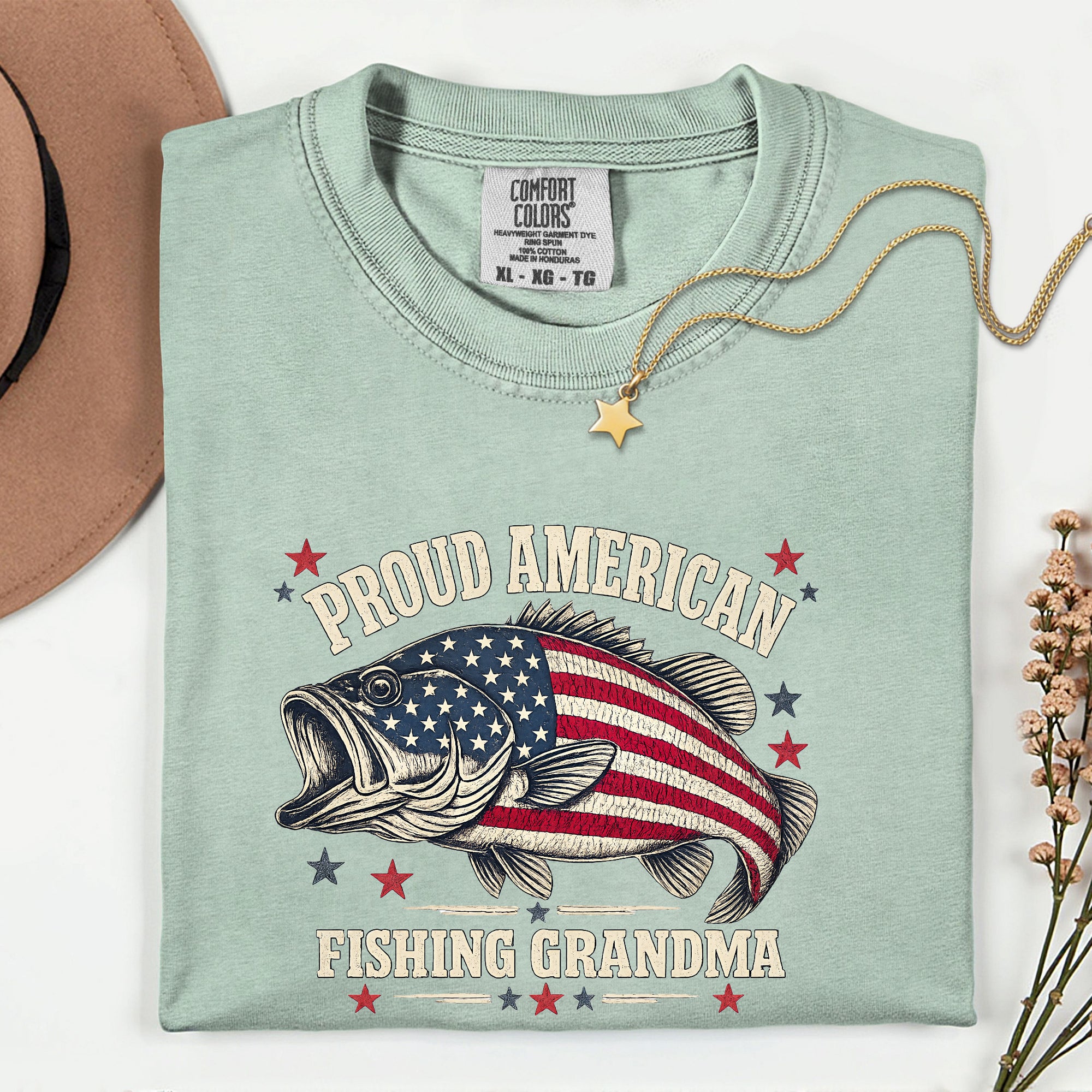 Proud American Fishing Grandma T-Shirt | Patriotic Bass Fishing Shirt for Grandma | USA Flag Fisherwoman Gift