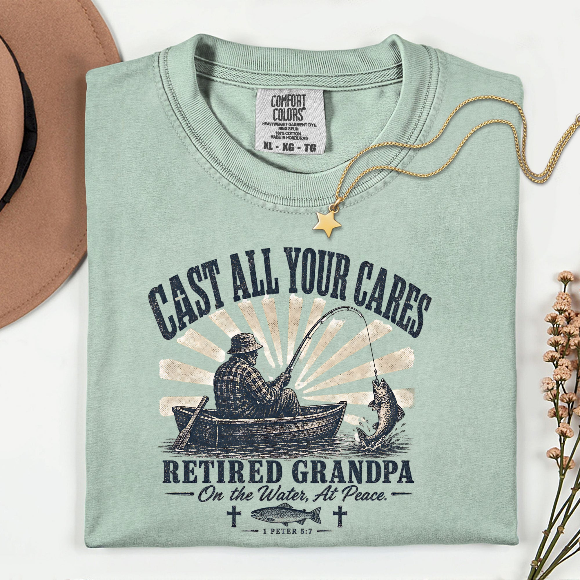 Cast All Your Cares Retired Grandpa Fishing Shirt | Christian Fisherman T-Shirt | 1 Peter 5:7