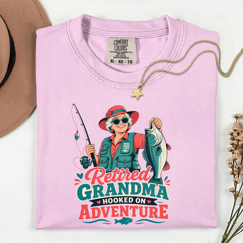 Retired Grandma Hooked on Adventure Fishing Shirt | Funny Fishing Grandma T-Shirt | Retirement Gift for Grandma