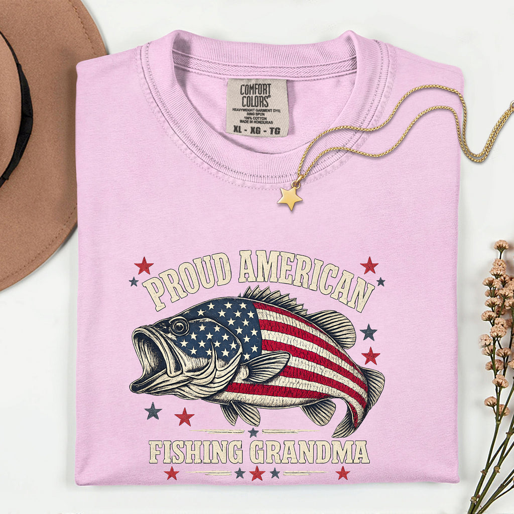 Proud American Fishing Grandma T-Shirt | Patriotic Bass Fishing Shirt for Grandma | USA Flag Fisherwoman Gift