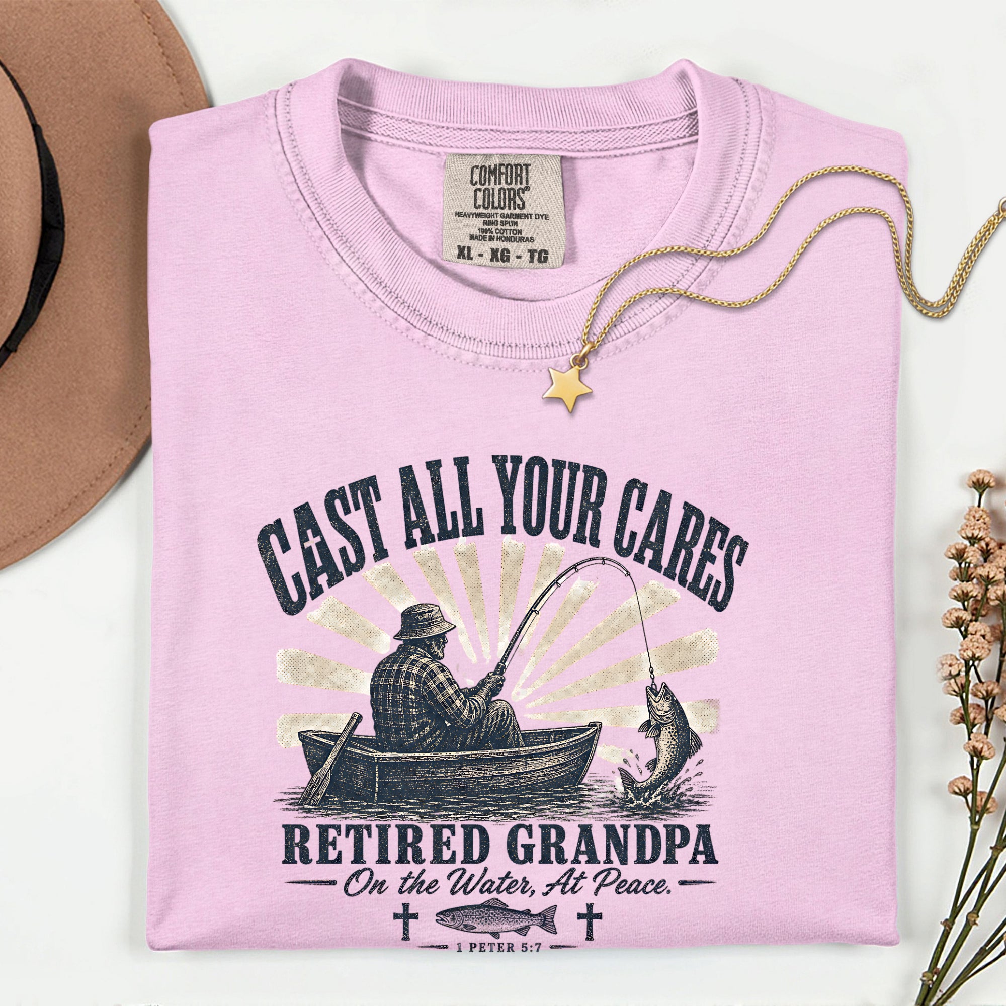 Cast All Your Cares Retired Grandpa Fishing Shirt | Christian Fisherman T-Shirt | 1 Peter 5:7