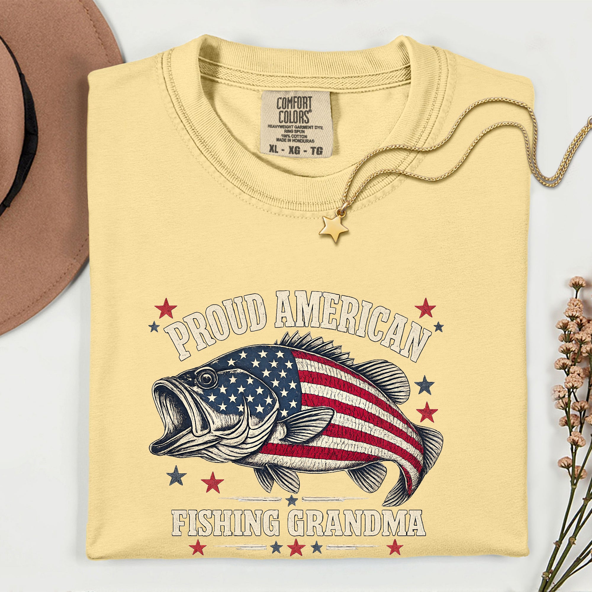 Proud American Fishing Grandma T-Shirt | Patriotic Bass Fishing Shirt for Grandma | USA Flag Fisherwoman Gift
