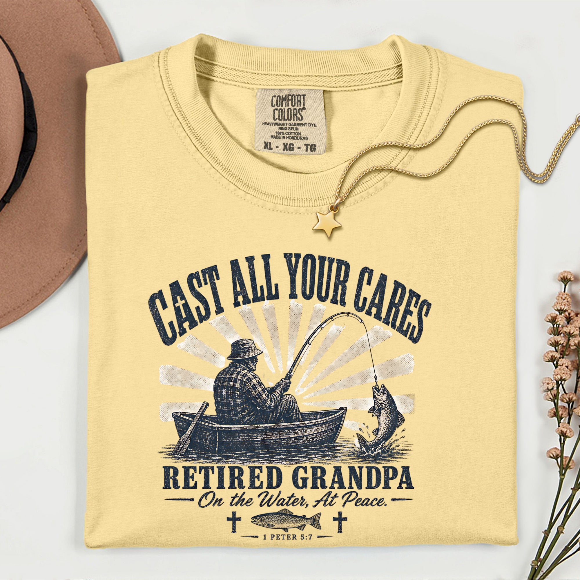 Cast All Your Cares Retired Grandpa Fishing Shirt | Christian Fisherman T-Shirt | 1 Peter 5:7