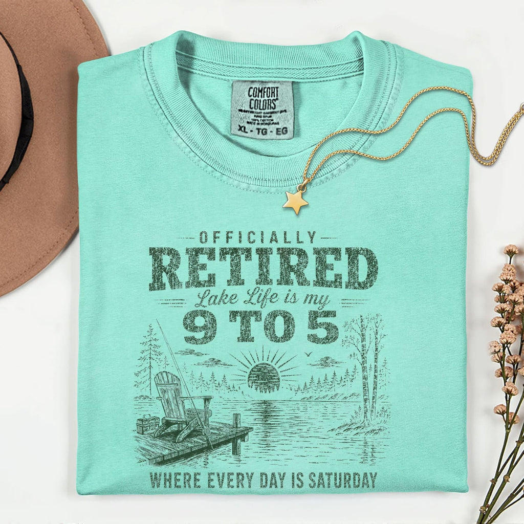 Officially Retired Lake Life Is My 9 to 5 T-Shirt | Funny Retirement Lake Shirt Gift for Men & Women