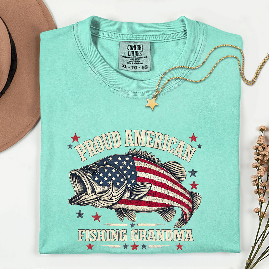Proud American Fishing Grandma T-Shirt | Patriotic Bass Fishing Shirt for Grandma | USA Flag Fisherwoman Gift