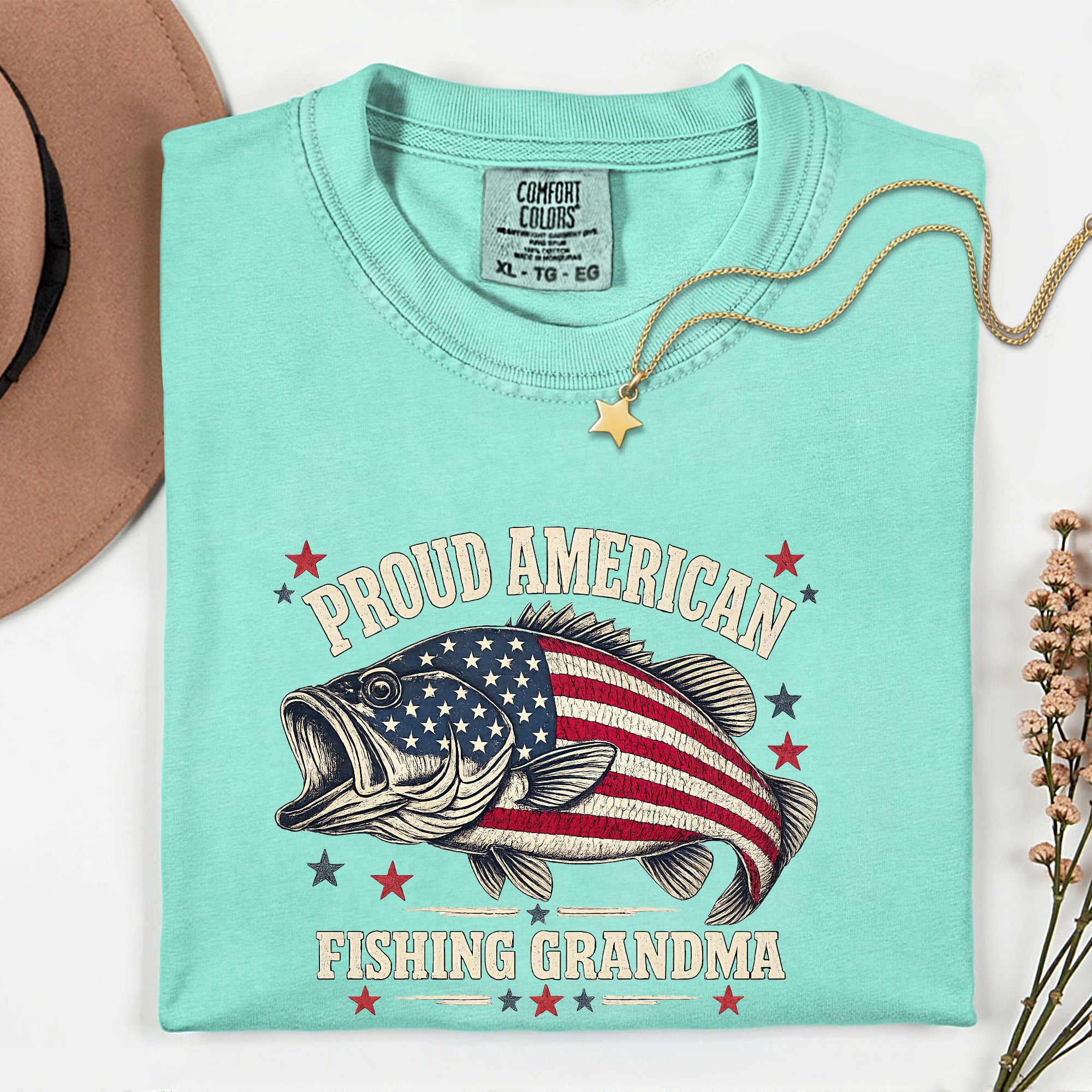 Proud American Fishing Grandma T-Shirt | Patriotic Bass Fishing Shirt for Grandma | USA Flag Fisherwoman Gift