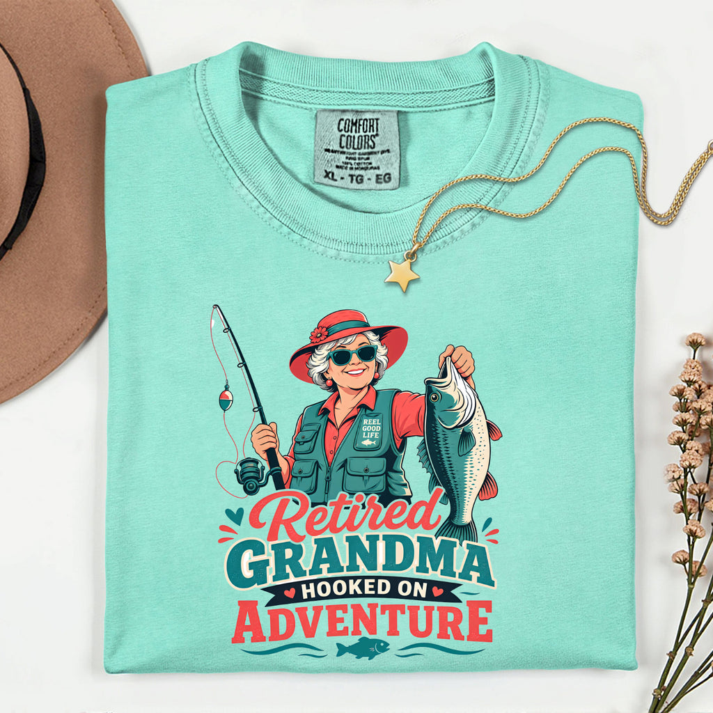 Retired Grandma Hooked on Adventure Fishing Shirt | Funny Fishing Grandma T-Shirt | Retirement Gift for Grandma