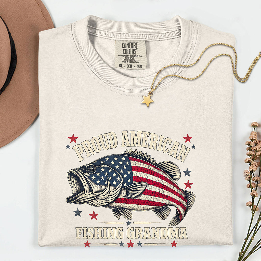 Proud American Fishing Grandma T-Shirt | Patriotic Bass Fishing Shirt for Grandma | USA Flag Fisherwoman Gift