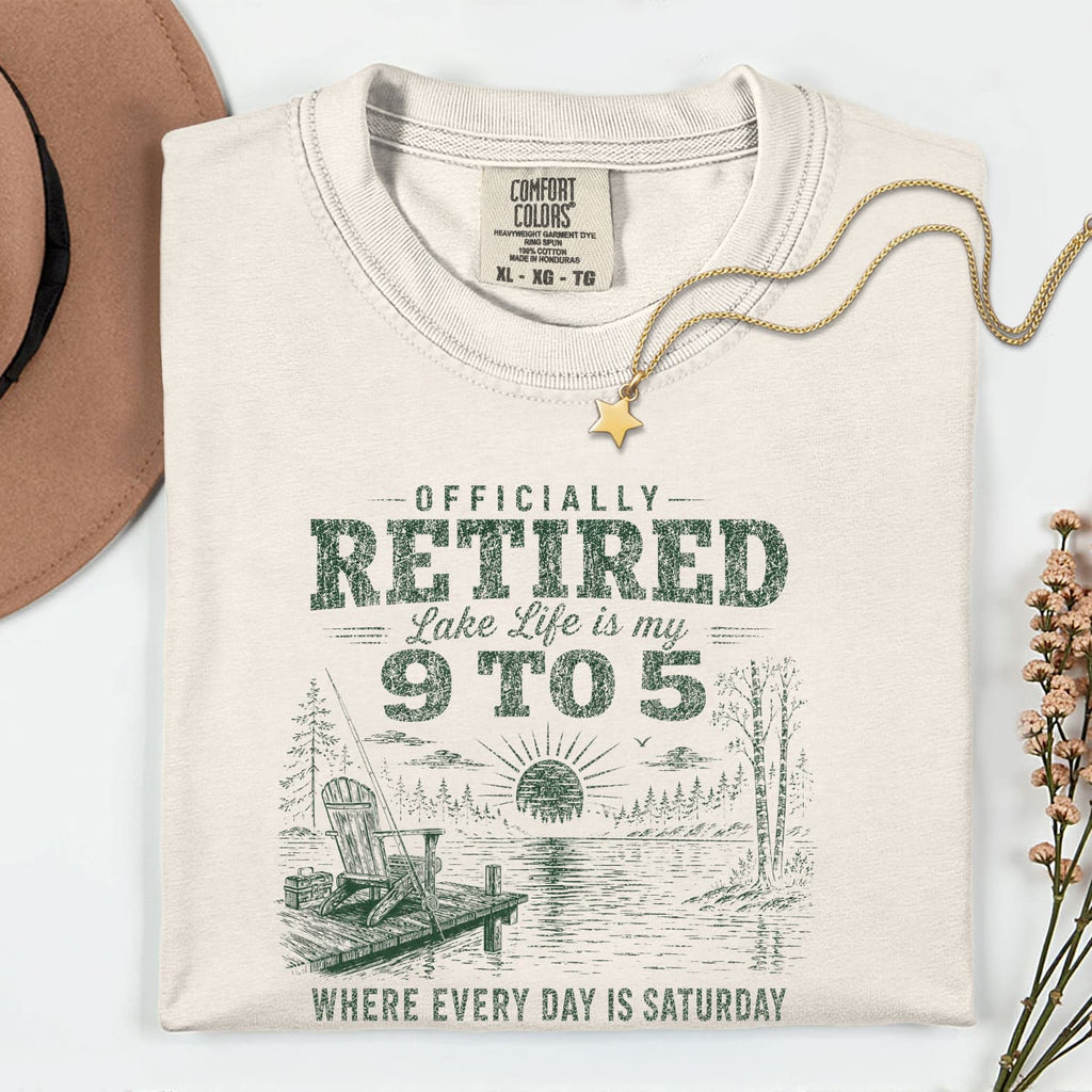 Officially Retired Lake Life Is My 9 to 5 T-Shirt | Funny Retirement Lake Shirt Gift for Men & Women
