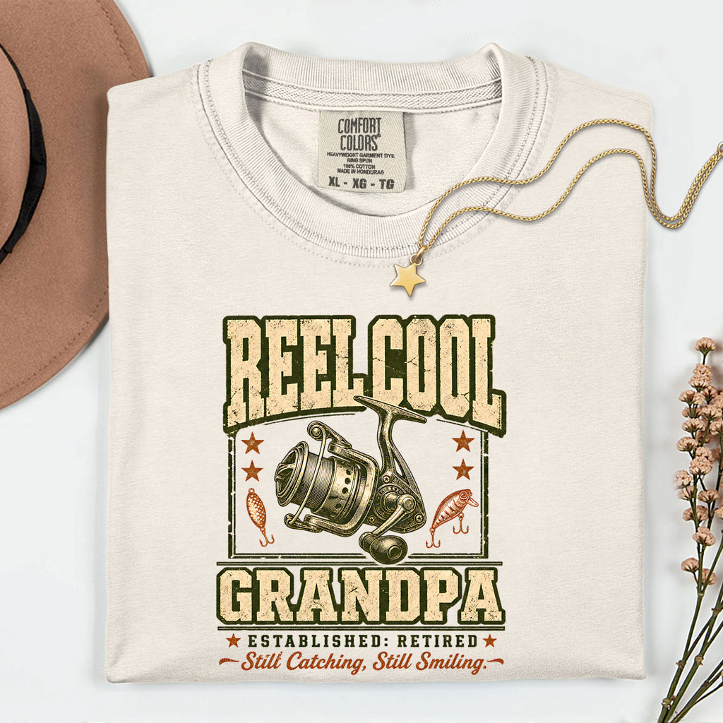 Reel Cool Grandpa Fishing Shirt | Established Retired Still Catching Still Smiling T-Shirt