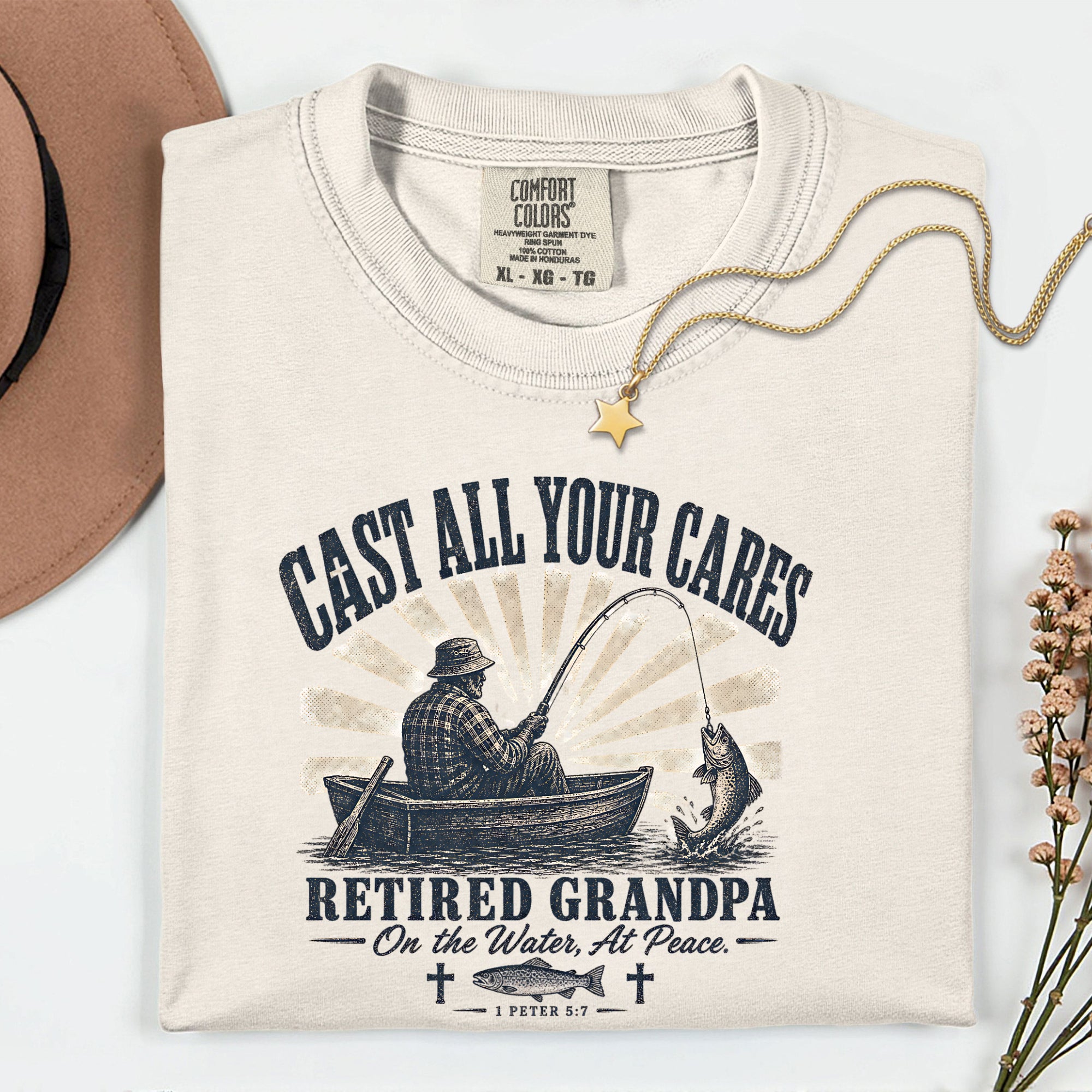 Cast All Your Cares Retired Grandpa Fishing Shirt | Christian Fisherman T-Shirt | 1 Peter 5:7