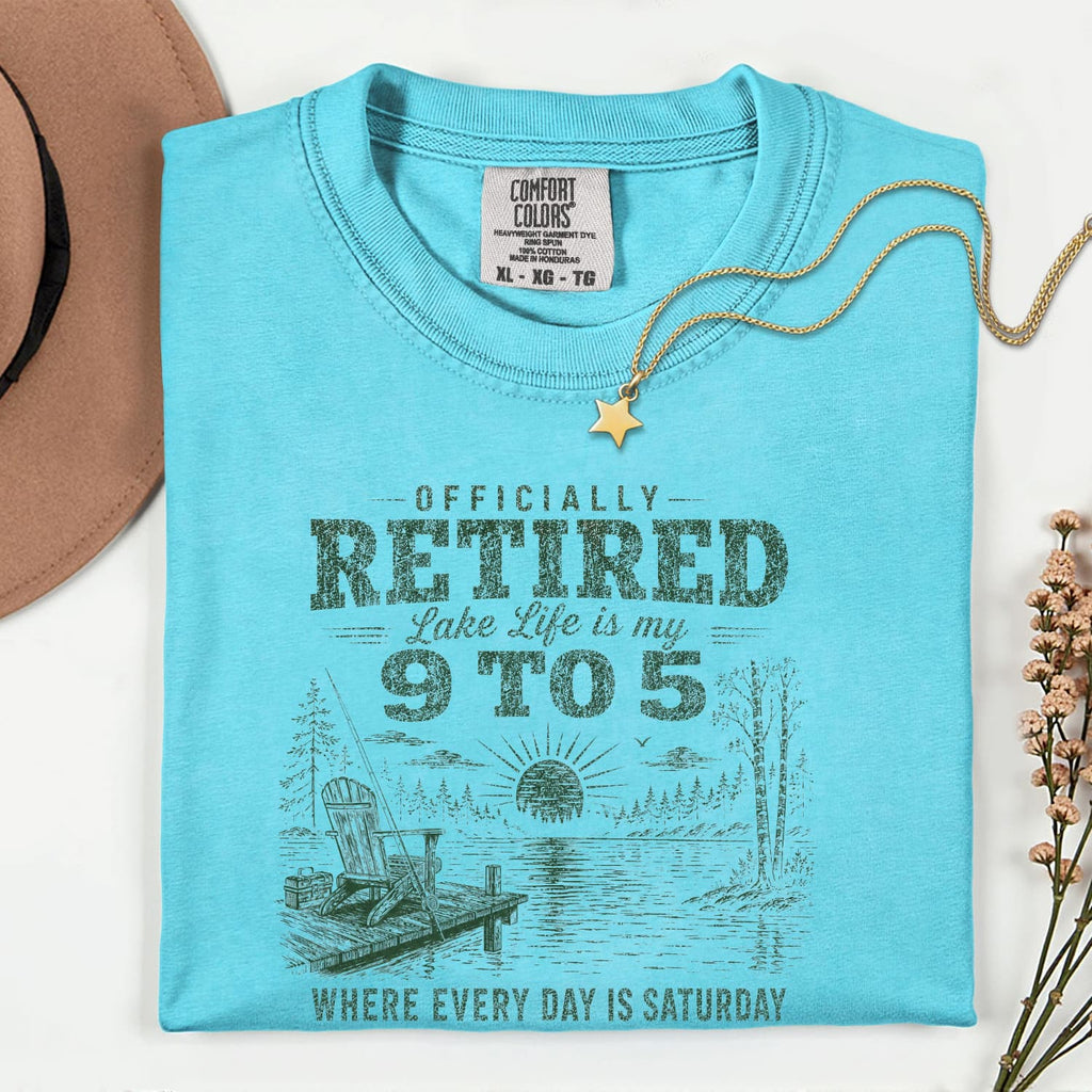 Officially Retired Lake Life Is My 9 to 5 T-Shirt | Funny Retirement Lake Shirt Gift for Men & Women