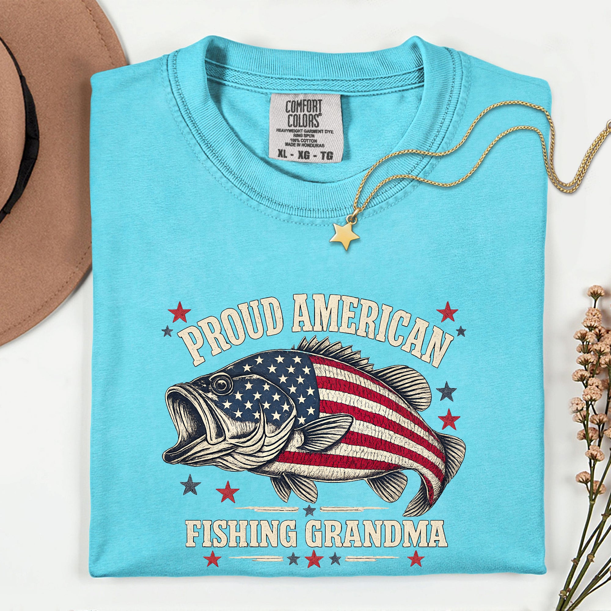 Proud American Fishing Grandma T-Shirt | Patriotic Bass Fishing Shirt for Grandma | USA Flag Fisherwoman Gift