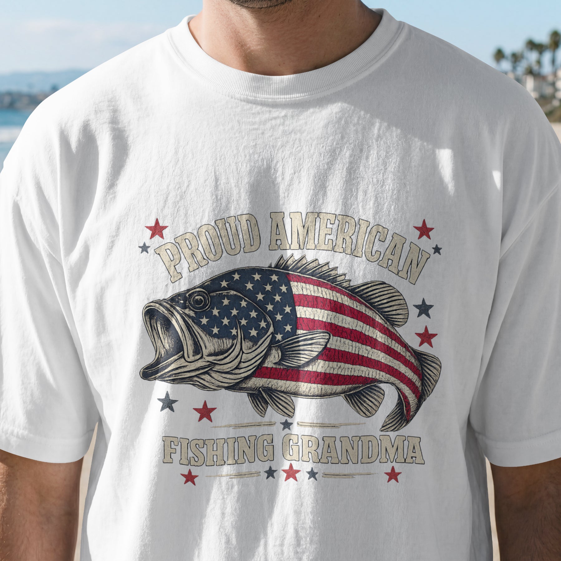 Proud American Fishing Grandma T-Shirt | Patriotic Bass Fishing Shirt for Grandma | USA Flag Fisherwoman Gift
