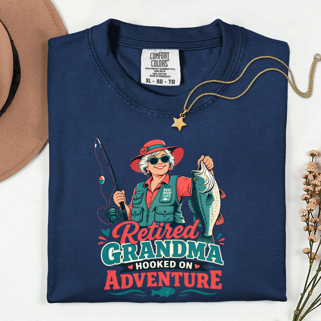 Retired Grandma Hooked on Adventure Fishing Shirt | Funny Fishing Grandma T-Shirt | Retirement Gift for Grandma