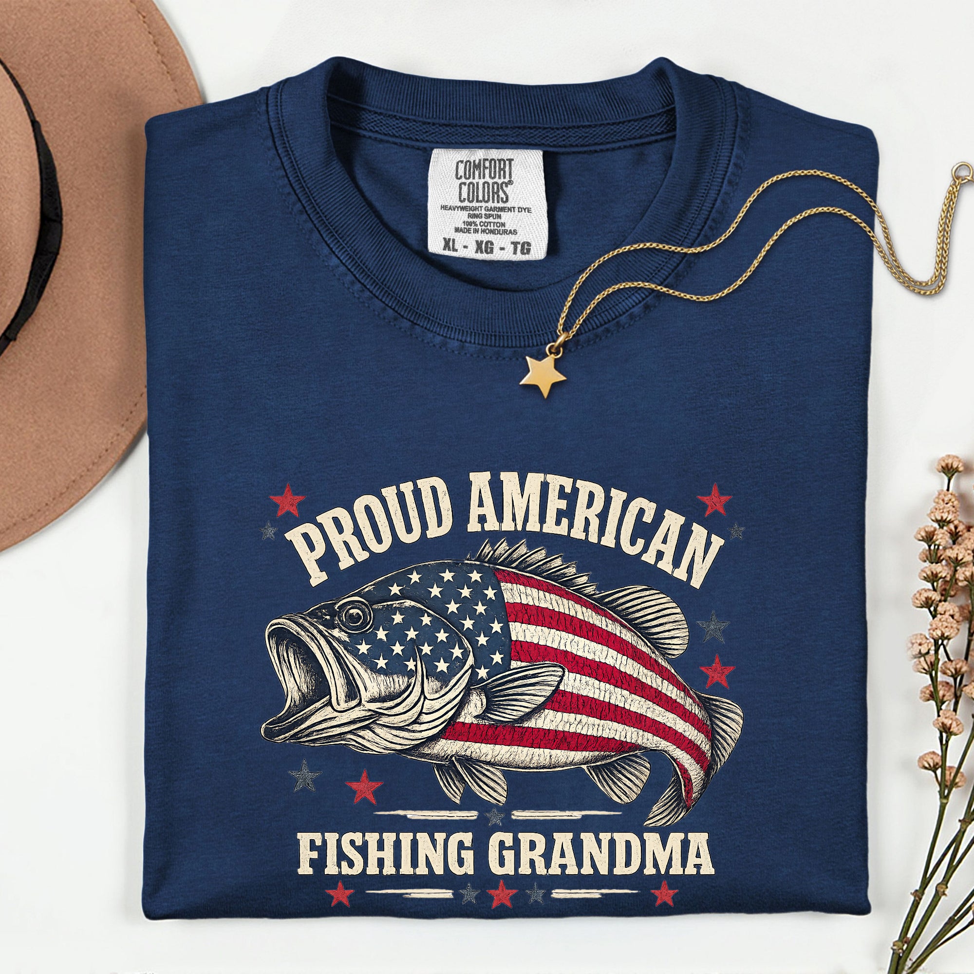 Proud American Fishing Grandma T-Shirt | Patriotic Bass Fishing Shirt for Grandma | USA Flag Fisherwoman Gift