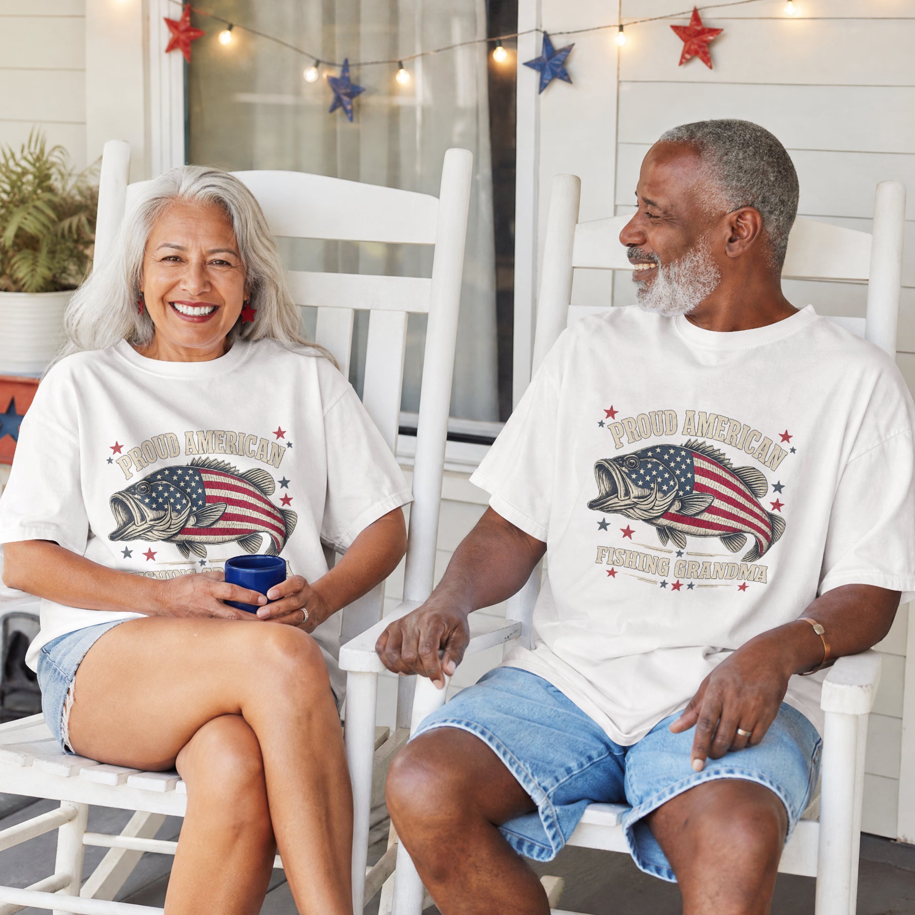 Proud American Fishing Grandma T-Shirt | Patriotic Bass Fishing Shirt for Grandma | USA Flag Fisherwoman Gift