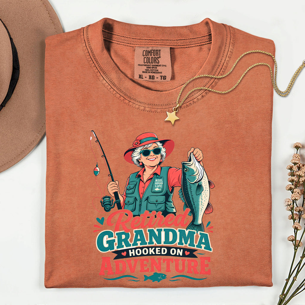 Retired Grandma Hooked on Adventure Fishing Shirt | Funny Fishing Grandma T-Shirt | Retirement Gift for Grandma