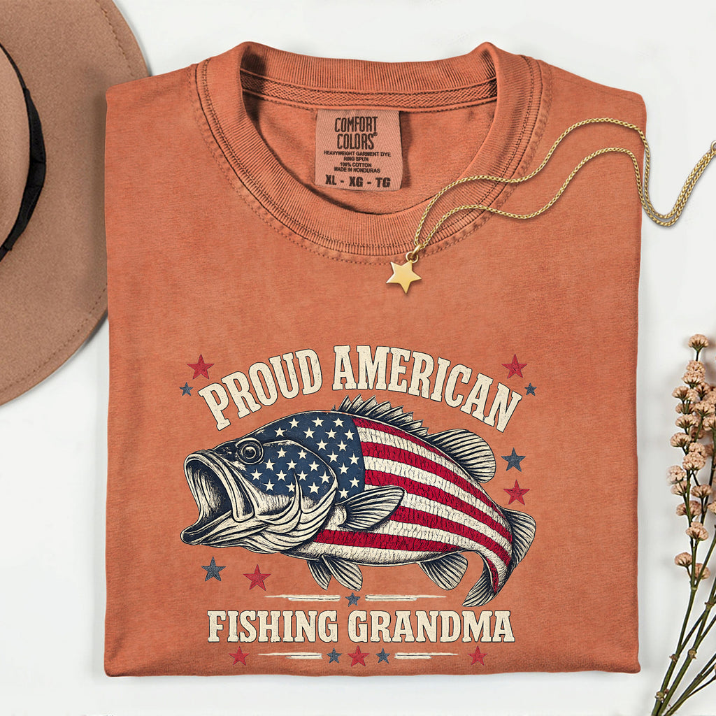 Proud American Fishing Grandma T-Shirt | Patriotic Bass Fishing Shirt for Grandma | USA Flag Fisherwoman Gift