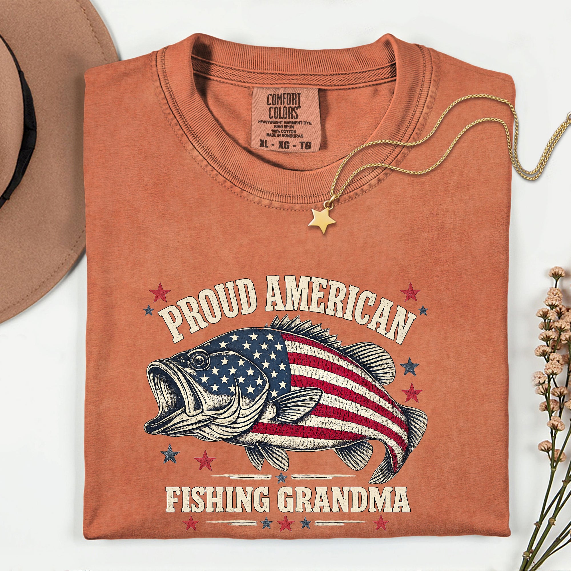 Proud American Fishing Grandma T-Shirt | Patriotic Bass Fishing Shirt for Grandma | USA Flag Fisherwoman Gift