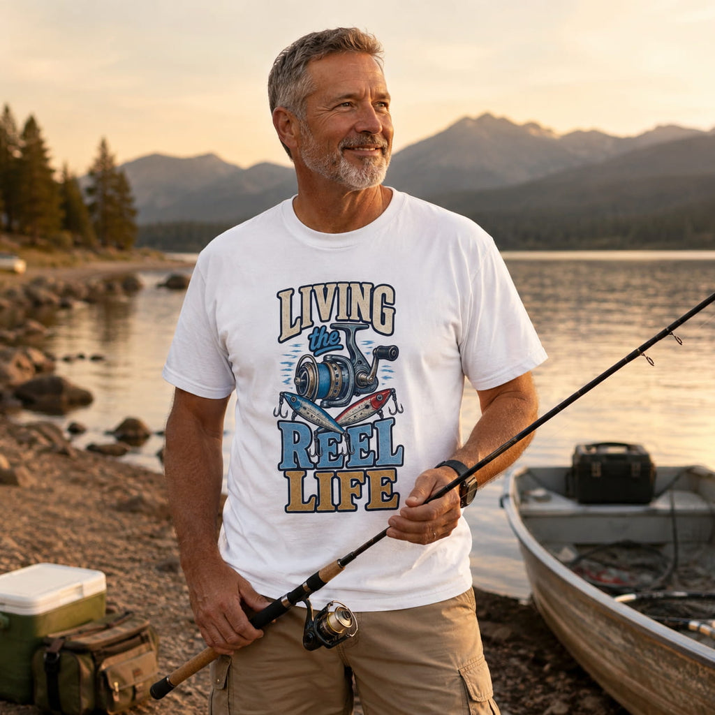 Living the Reel Life Fishing Shirt – Vintage Fishing Reel & Lure T-Shirt