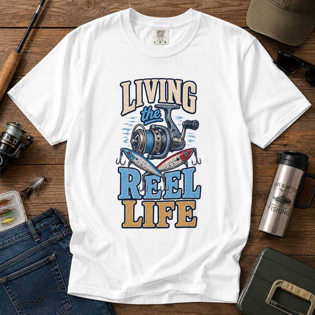 Living the Reel Life Fishing Shirt – Vintage Fishing Reel & Lure T-Shirt