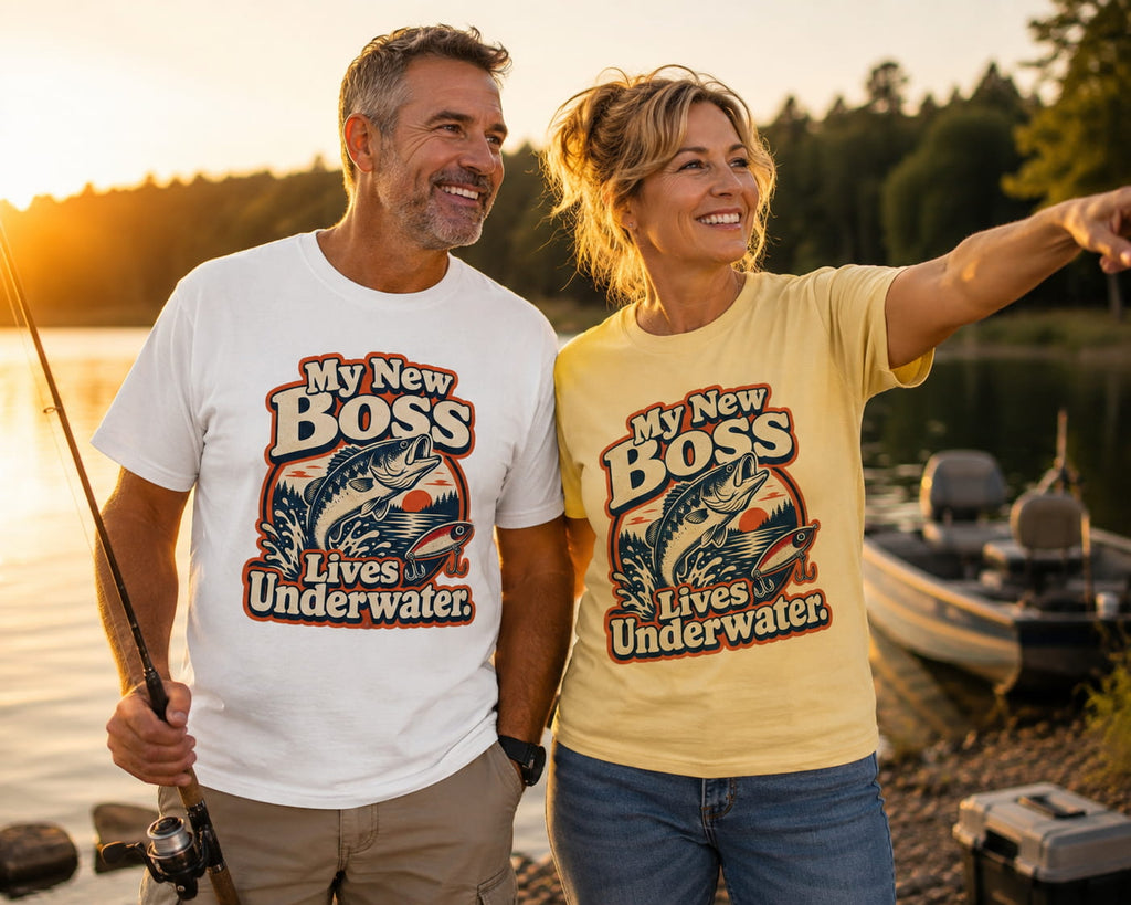 My New Boss Lives Underwater Shirt, Funny Fishing T-Shirt, Retirement Fishing Gift, Grandpa Fishing Tee, Grandma Fishing Shirt, Bass Fishing Unisex Tee