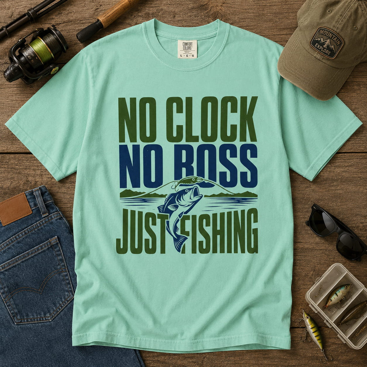 No Clock No Boss Just Fishing T-Shirt | Funny Fishing Shirt | Bass Fishing Gift | Angler Lake Life Tee | Unisex Fishing T-Shirt