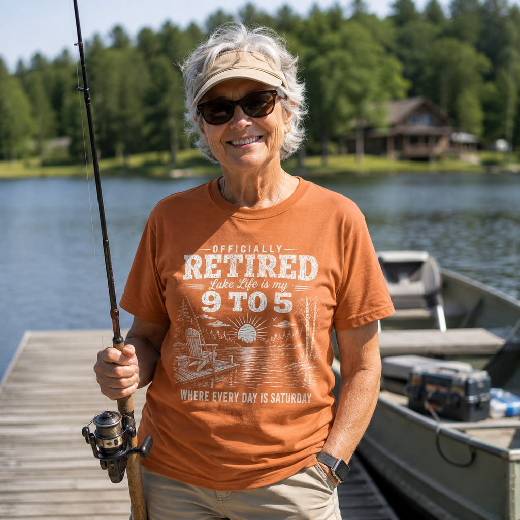 Officially Retired Lake Life Is My 9 to 5 T-Shirt | Funny Retirement Lake Shirt Gift for Men & Women