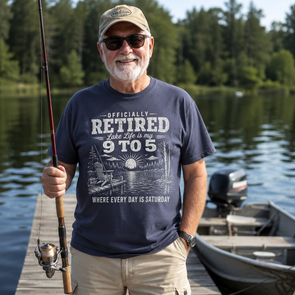 Officially Retired Lake Life Is My 9 to 5 T-Shirt | Funny Retirement Lake Shirt Gift for Men & Women