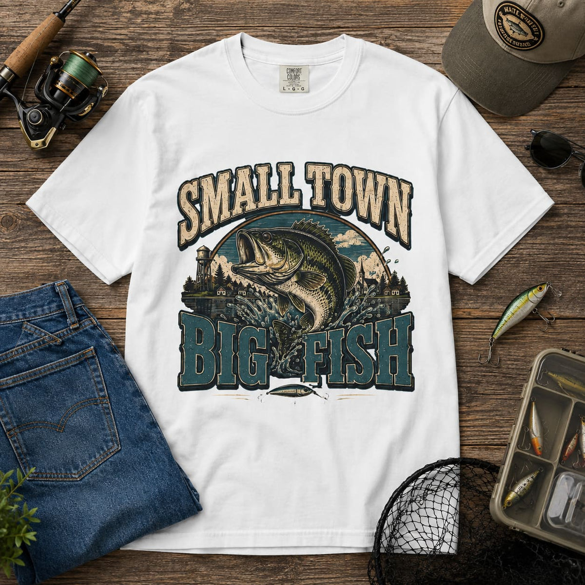 Small Town Big Fish Fishing T-Shirt – Vintage Bass Fishing Shirt for Men & Women