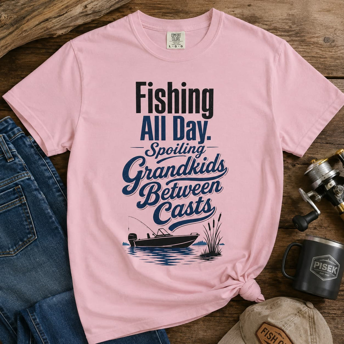 Fishing All Day Spoiling Grandkids Between Casts T-Shirt | Fishing Grandpa Gift