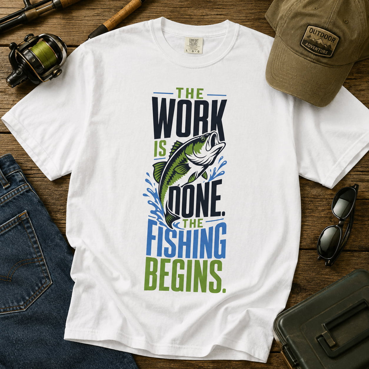 The Work Is Done The Fishing Begins Shirt – Funny Retirement Fishing T-Shirt, Retired Angler Gift, Unisex Fishing Shirt