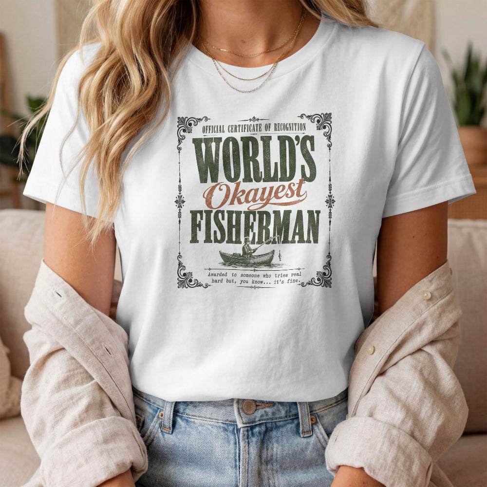 World’s Okayest Fisherman T-Shirt – Funny Vintage Fishing Graphic Tee for Anglers