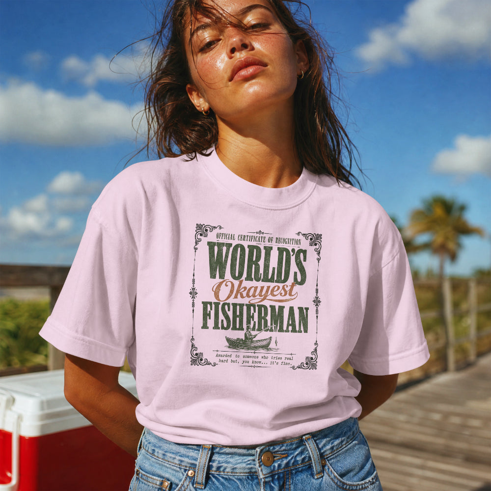 World’s Okayest Fisherman T-Shirt – Funny Vintage Fishing Graphic Tee for Anglers